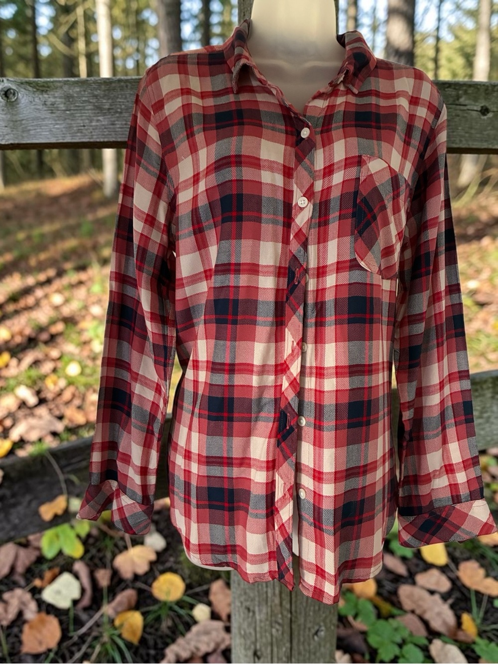 Time and Tru Red, Navy, and Cream Plaid Shirt
